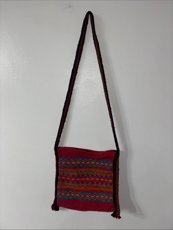 Handbags - Red Wool Cotton Fabric Crossbody Bag Zipper Aztec Hippy Fun Yarn Boho